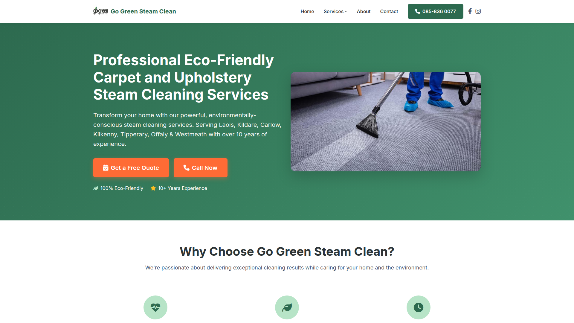 Go Green Steam Clean eco-friendly steam cleaning business website designed by Crettyard Digital