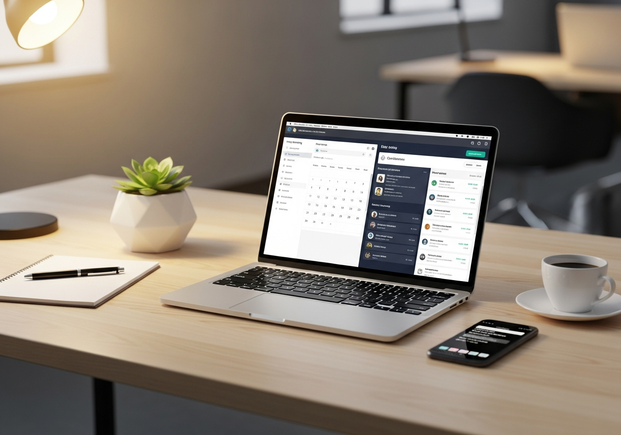 A clean professional desk setup with laptop and devices showing productivity software