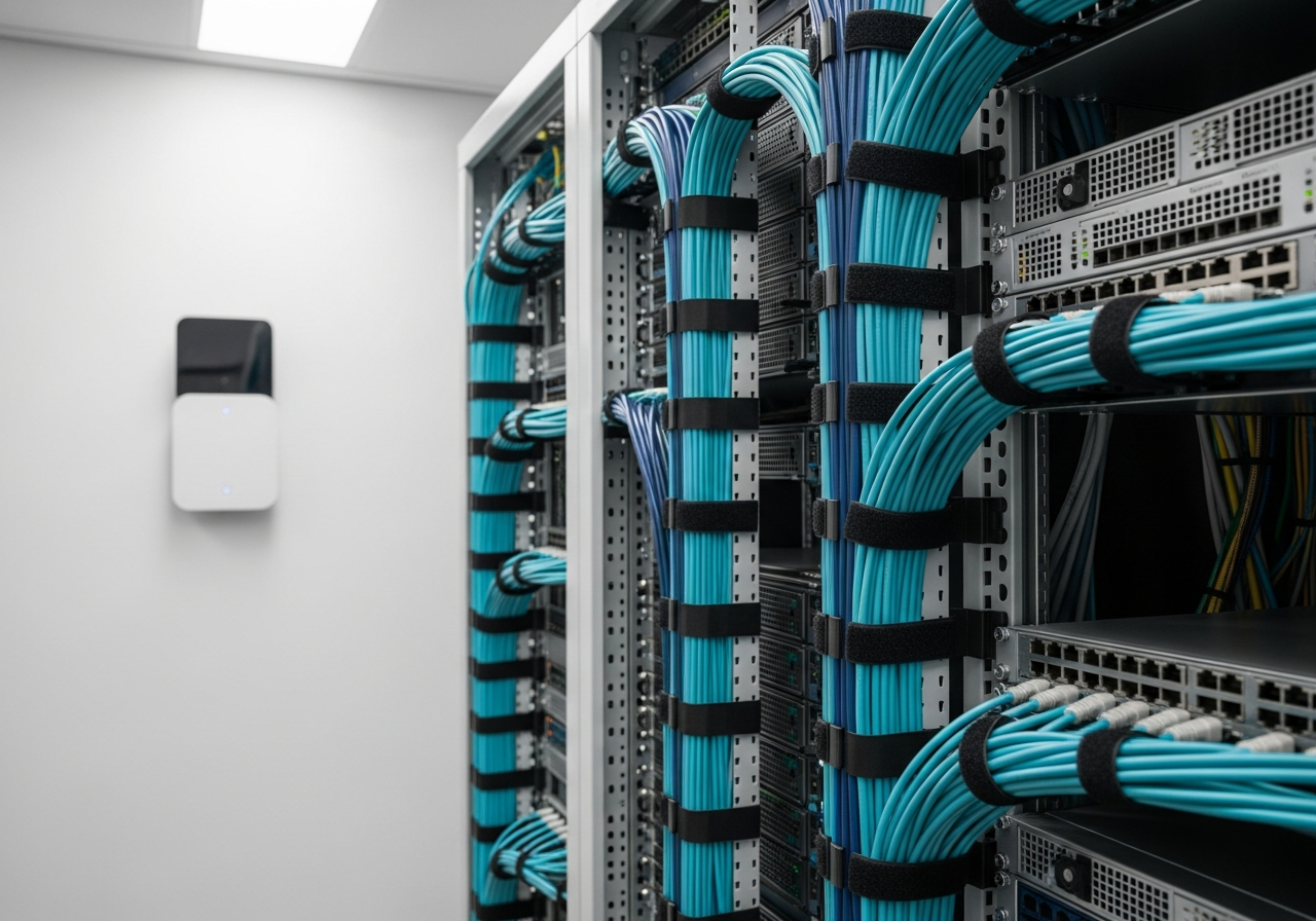 Neatly organised network rack with ethernet cables in a professional office environment